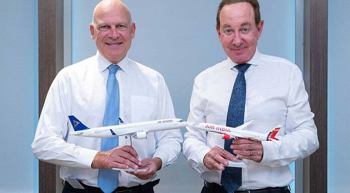 Codesharing: Air Astana und Air India schließen Codeshare-Abkommen Campbell Wilson, Air India (r) - Peter Foster, Air Astana (l)
