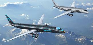 Embraer E195-E2 Tech Eagle und E175 Business Hero über den Bergen