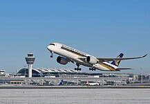 Takeoff of a Singapore Airlines Airbus A350-900 at Munich Airport.
