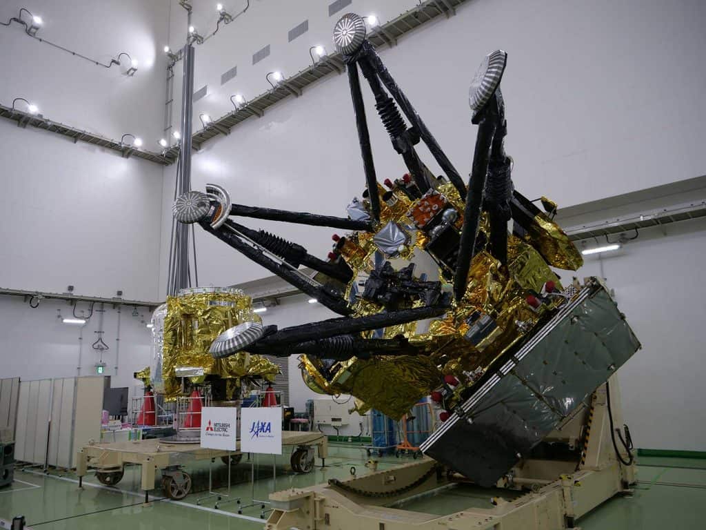 The MMX spacecraft, currently in two sections, inside the clean room at the JAXA space center on Tanegashima